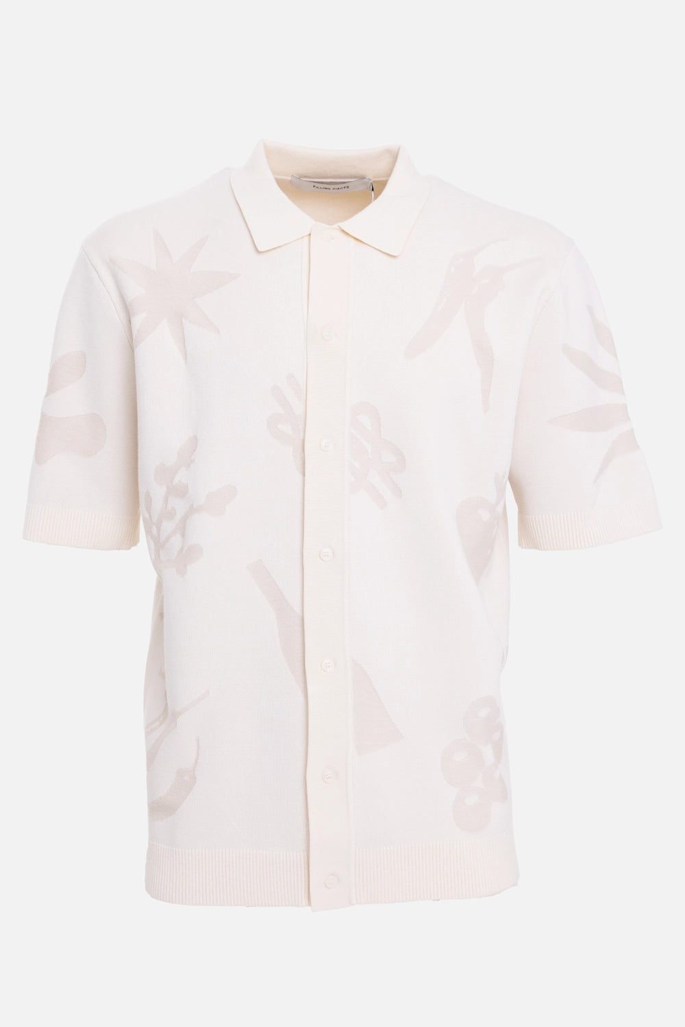 Filling Pieces unisex knit shirt in antique white, front view with tonal food jacquard and button placket