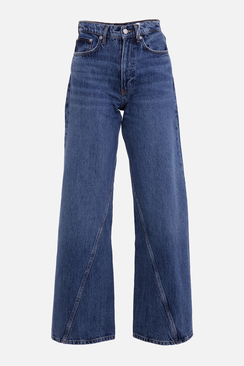 ANINE BING women's Brie jeans in Cabana Blue, front view with high waist, five-pocket styling and twisted leg seams