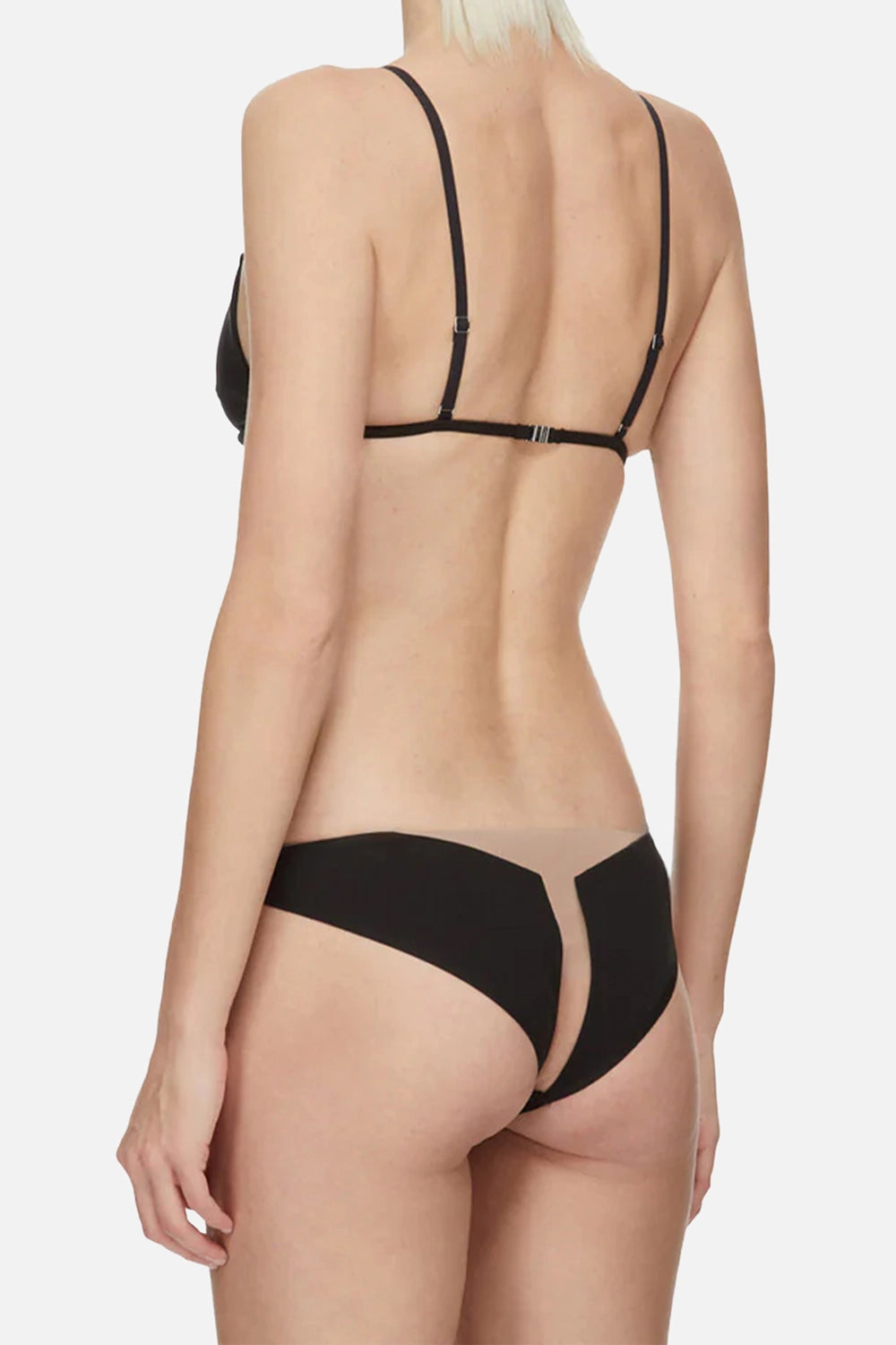 Rick Owens x LIVY women’s briefs in black/natural, back view, fuller rear panels and sheer center insert