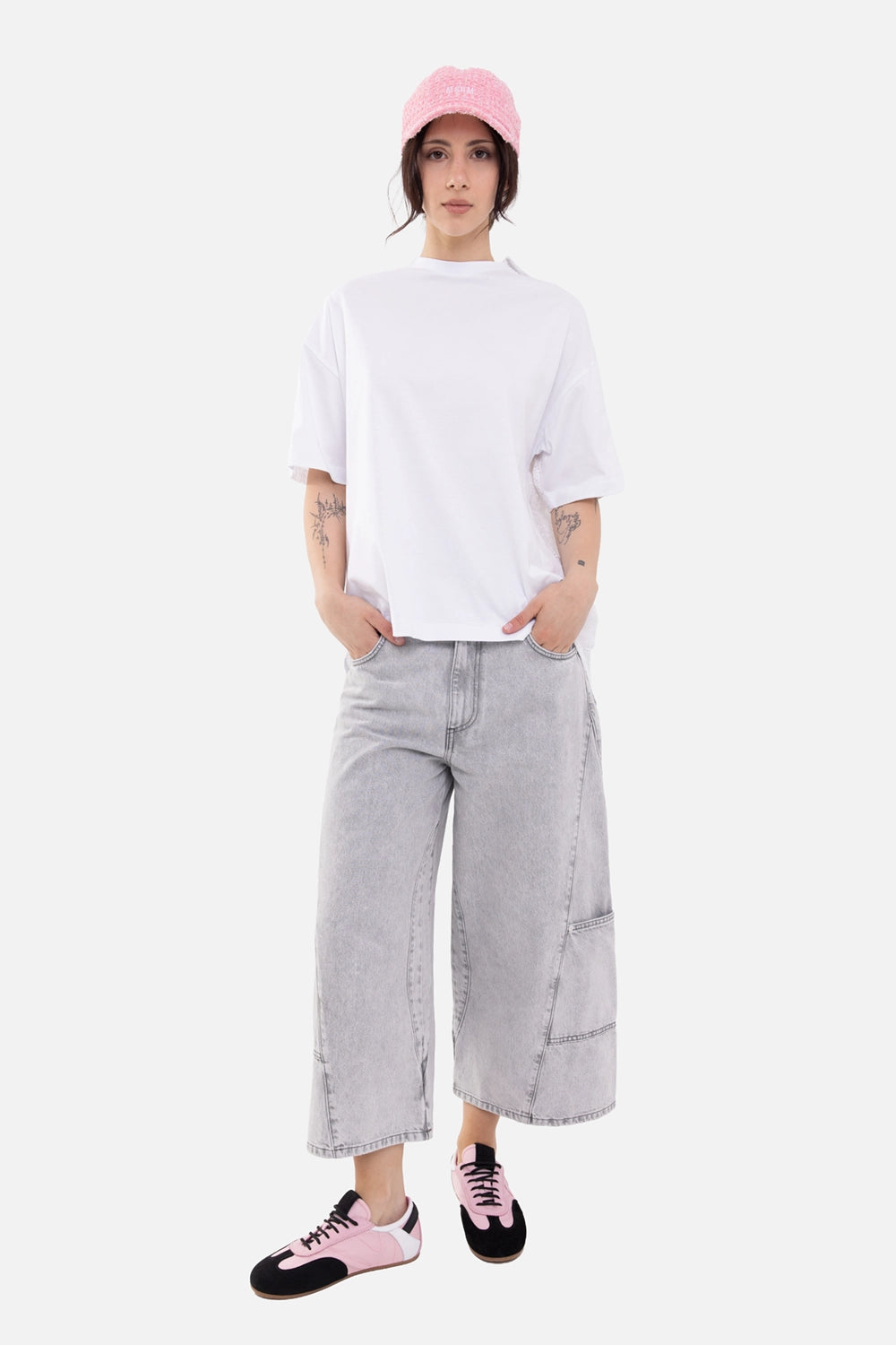MSGM women's T-shirt in white, on-model full-length view, plain front with lace back panel