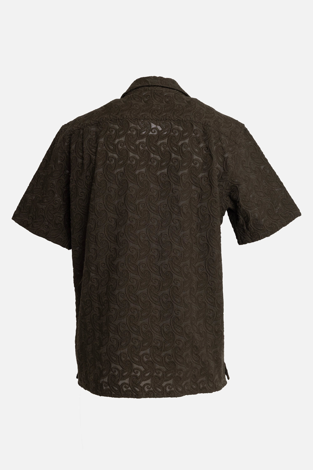 Orlebar Brown men's broderie shirt in Bayleaf Green, back view, yoke seam and sheer paisley pattern