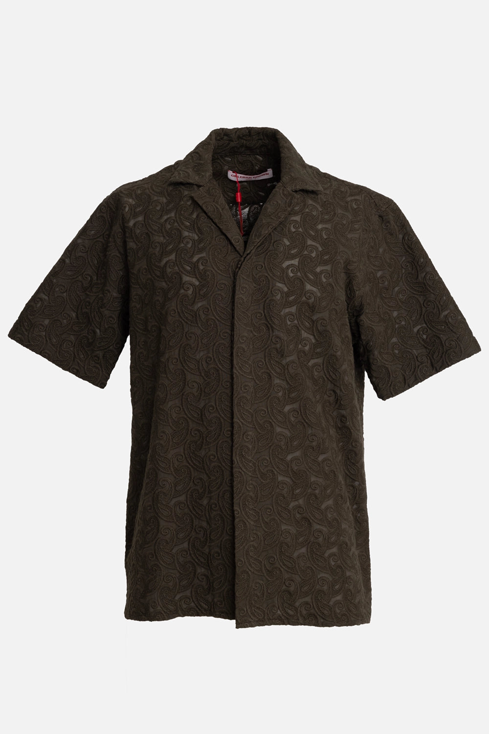 Orlebar Brown men's broderie shirt in Bayleaf Green, front view, Capri collar and hidden placket