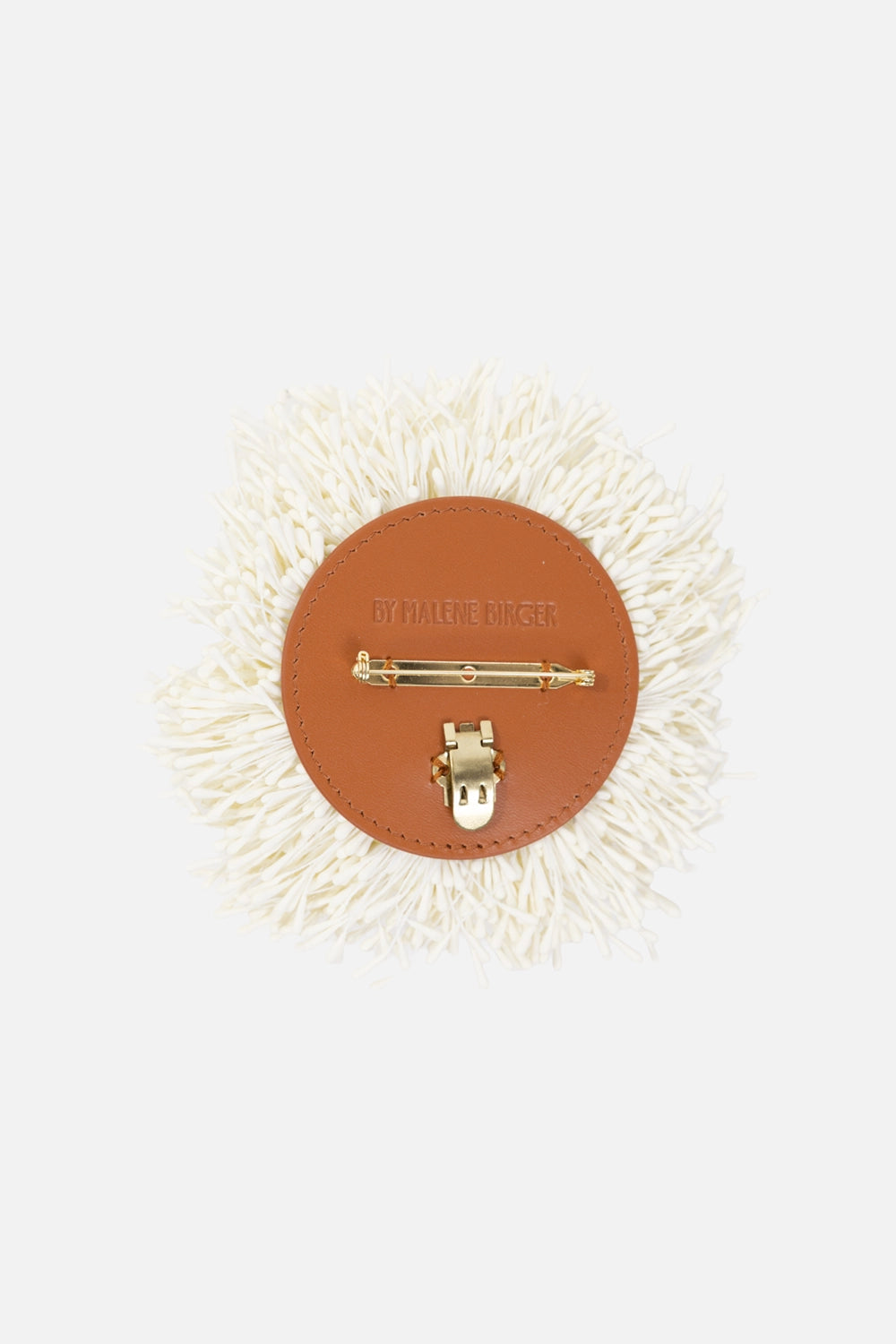 By Malene Birger women's brooch in soft white, back view, tan backing with branded stamp and pin-and-clip closure