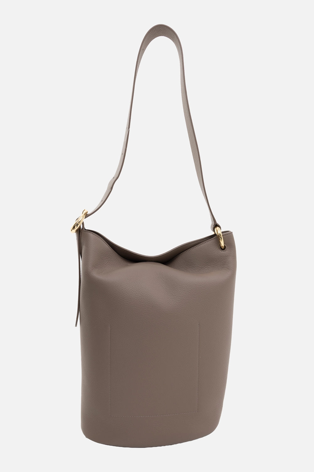 JOSEPH leather bucket bag in tartufo, 3/4 view, fine-grain finish with stitched front patch pocket and gold ring hardware