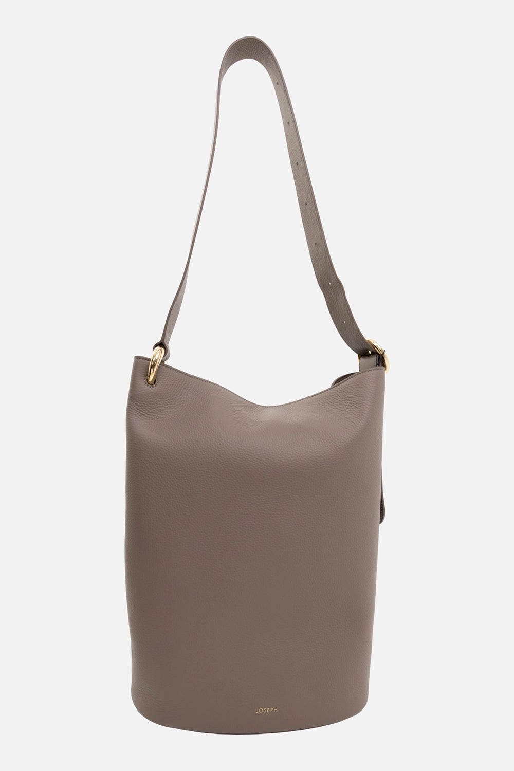 JOSEPH leather bucket bag in tartufo, back view, slim profile with adjustable strap holes and small gold logo stamp