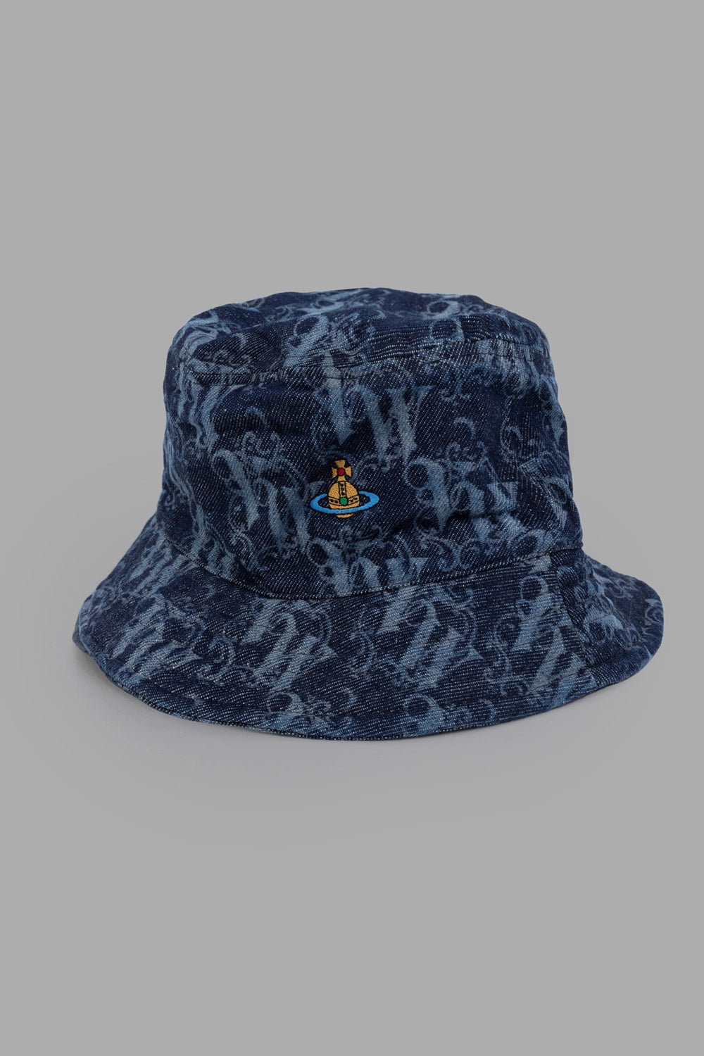 Vivienne Westwood bucket hat in Frame Blue Denim, 3/4 view, all-over monogram and Orb patch