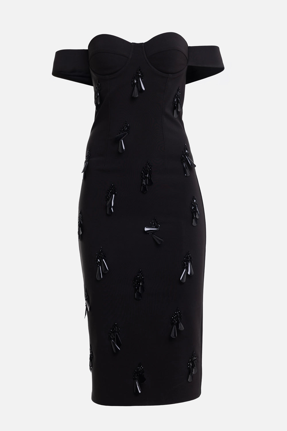 DES PHEMMES women's bustier dress in black, front view, off-shoulder bands and tonal jet embellishments