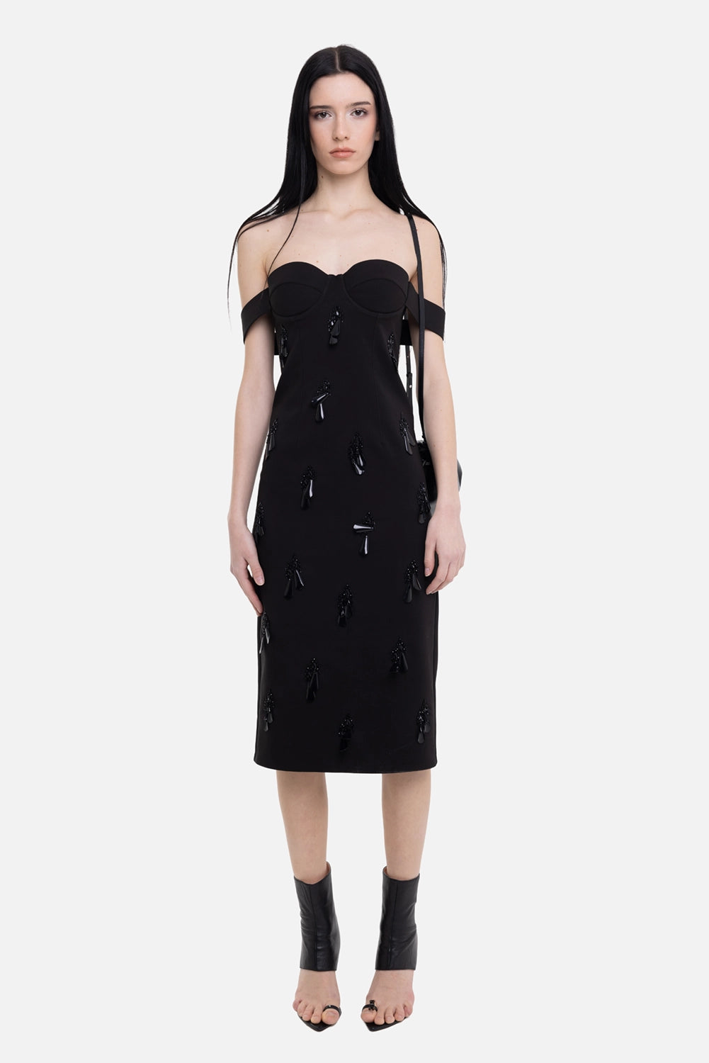 DES PHEMMES women's bustier dress in black, on-model full length, fitted silhouette and midi hem