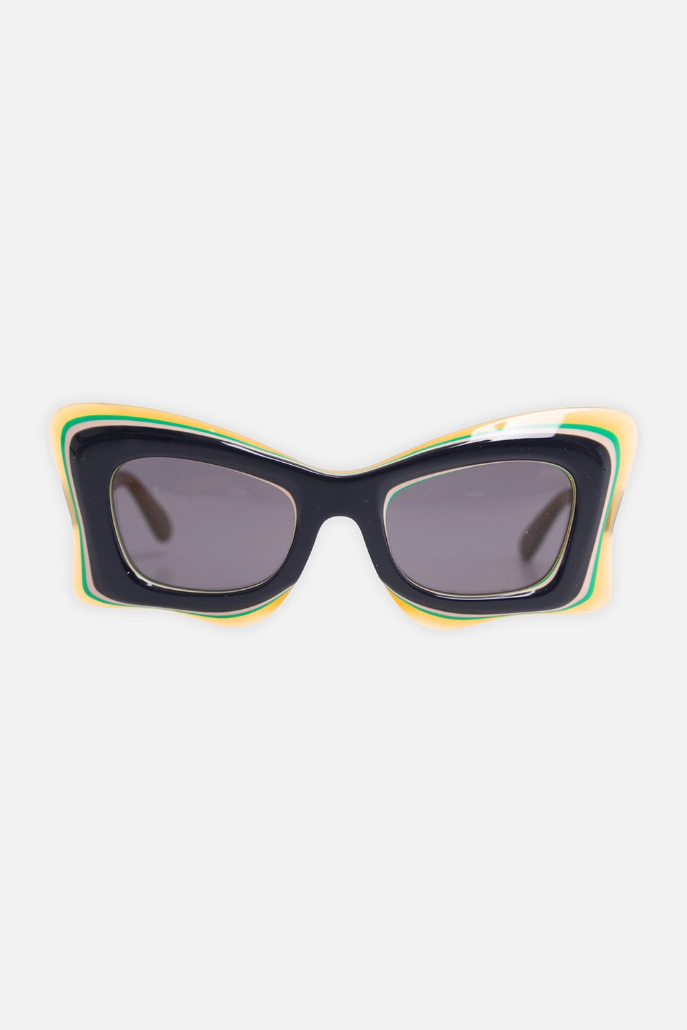 Pre-owned Loewe sunglasses in black, green and yellow, front view, multilayer acetate frame with grey lenses