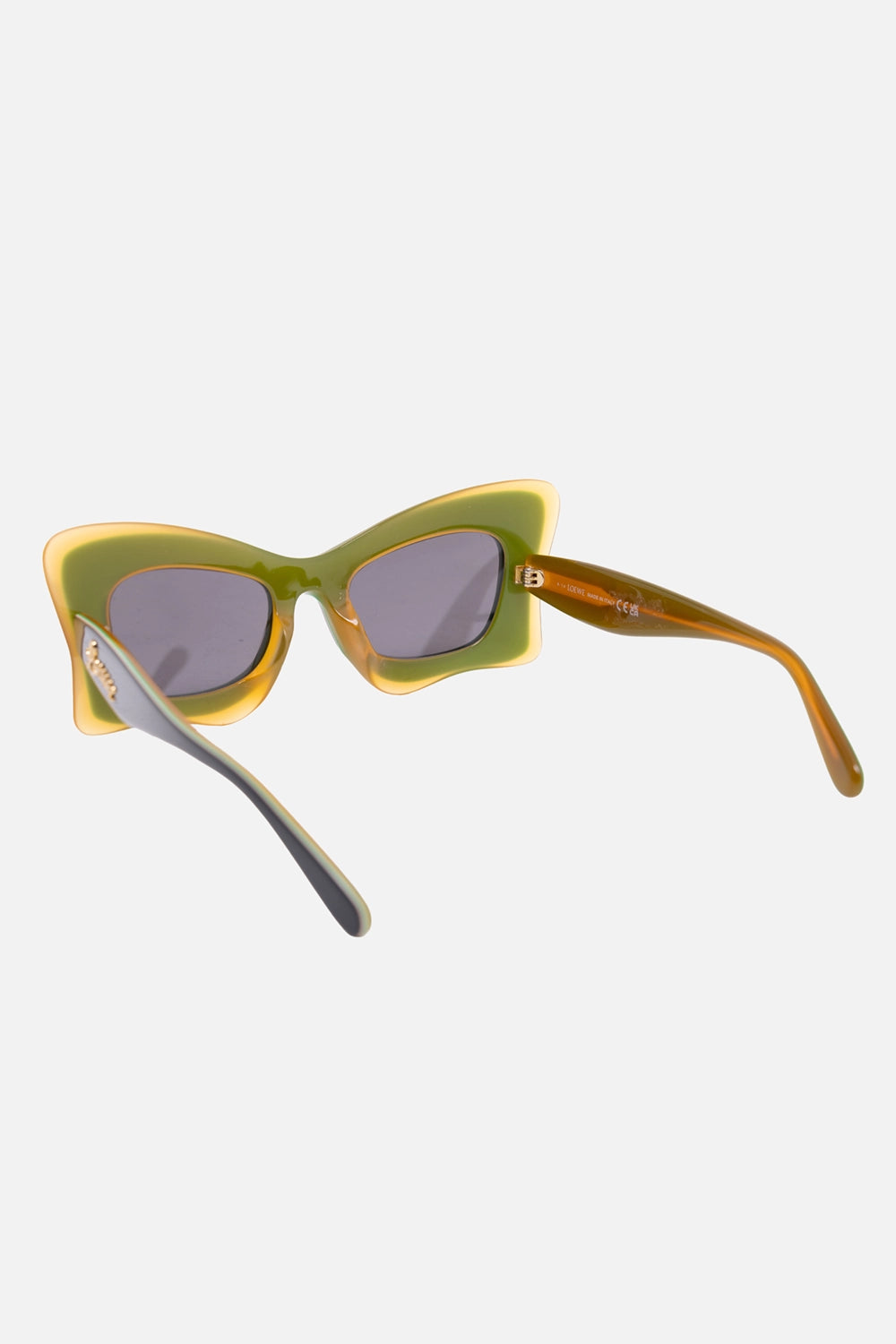 Pre-owned Loewe sunglasses in black, green and yellow, rear view, translucent amber temples with printed inner markings