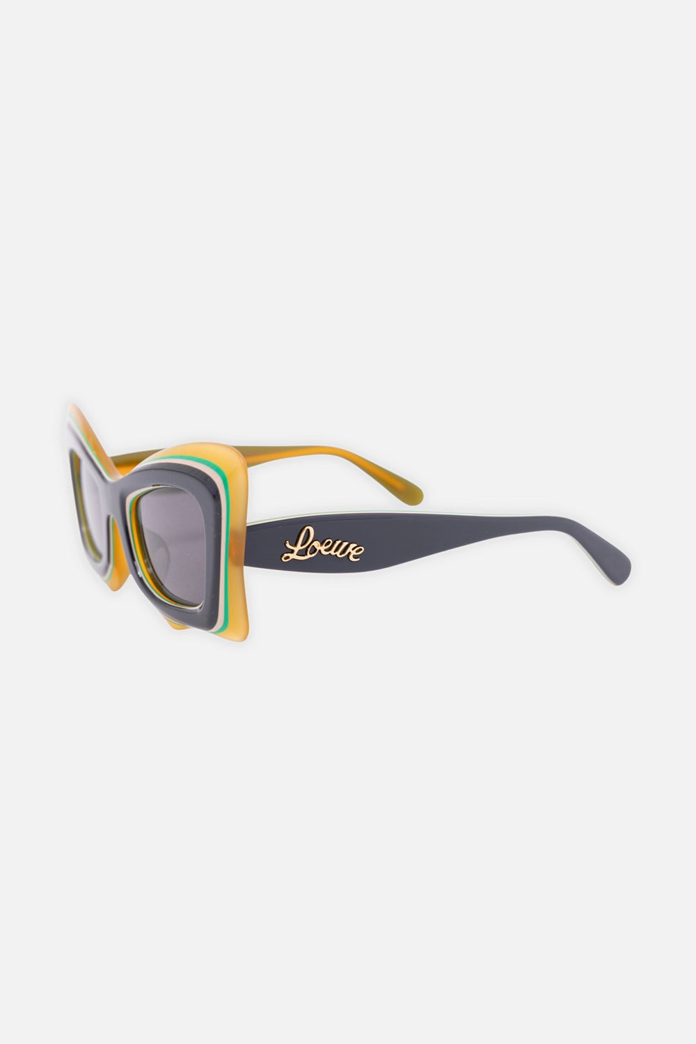 Pre-owned Loewe sunglasses in black, green and yellow, three-quarter view, gold-tone logo detail on black temple