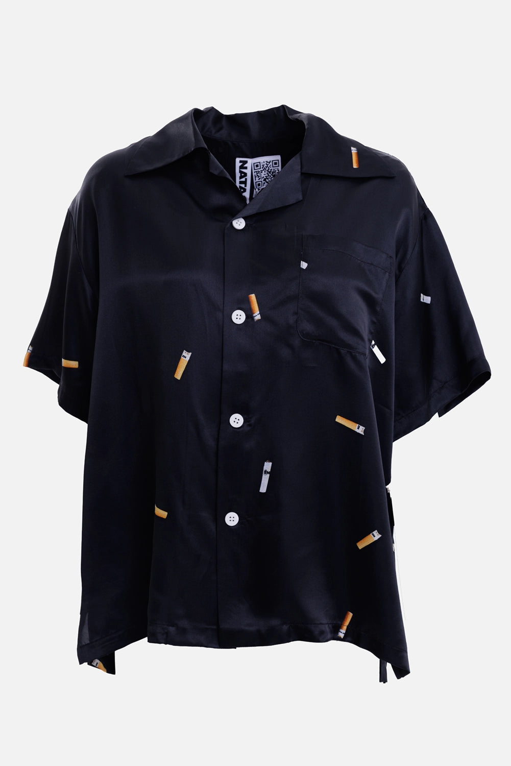 Natasha Zinko women's black cabana shirt, front view with camp collar, white buttons and chest pocket