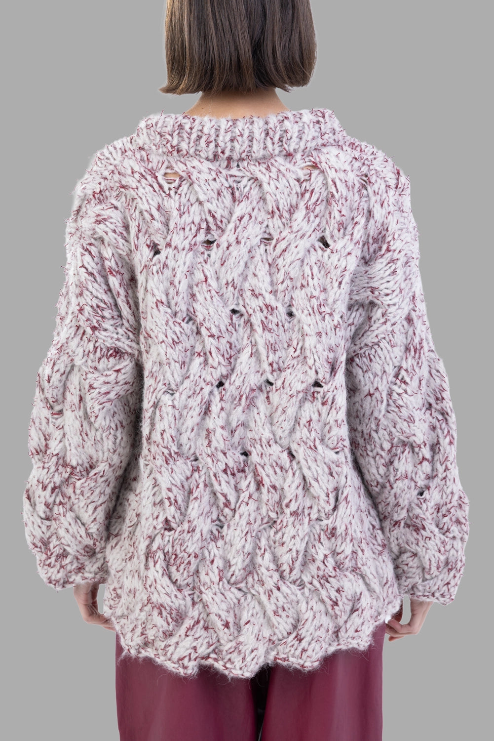 Gentry Portofino women cable-knit sweater in Stucco/Bordeaux, back view, allover cable texture, relaxed drape