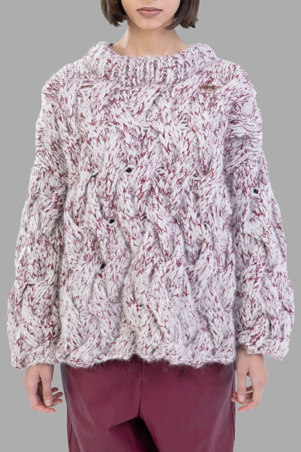 Gentry Portofino women cable-knit sweater in Stucco/Bordeaux, front view, chunky openwork cables, ribbed crew neck