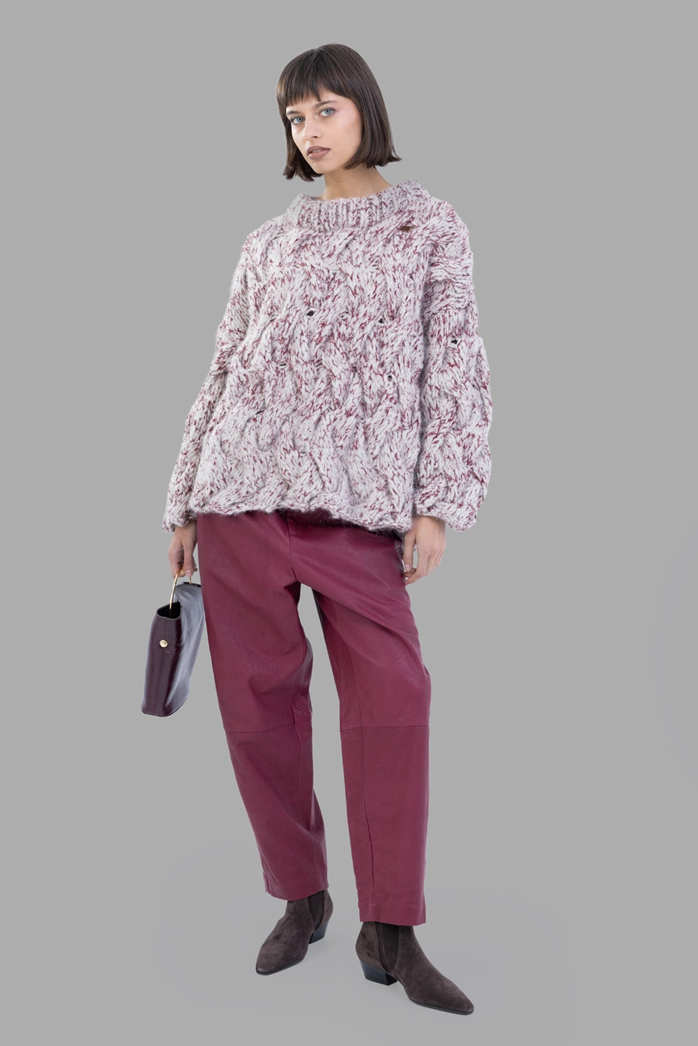 Gentry Portofino women cable-knit sweater in Stucco/Bordeaux, on-model full length, oversized fit, drop shoulders