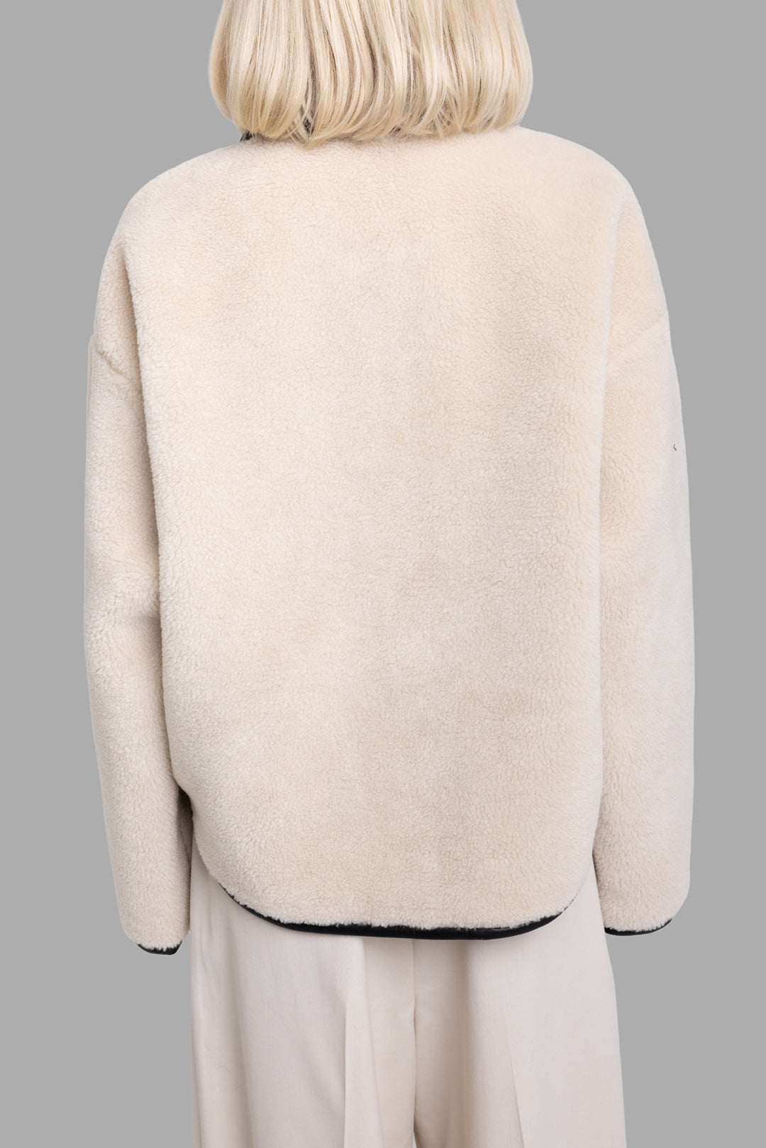 Anine Bing women's cream Camden teddy jacket, back view showing curved hem and relaxed dropped shoulders.
