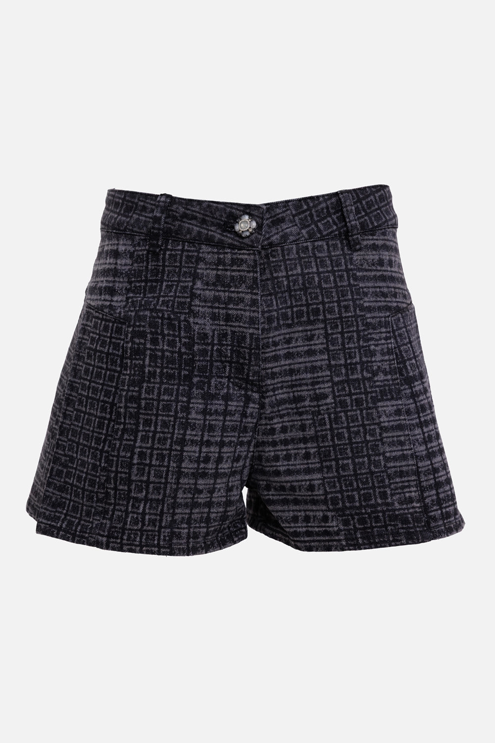 Chanel women's cotton shorts in black and grey, front view with camellia button and allover CC graphic