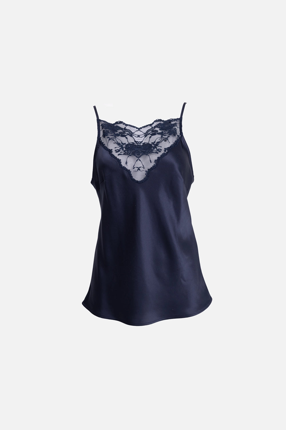 By Malene Birger women’s camisole in night sky, front view, lace V-neck insert and thin straps