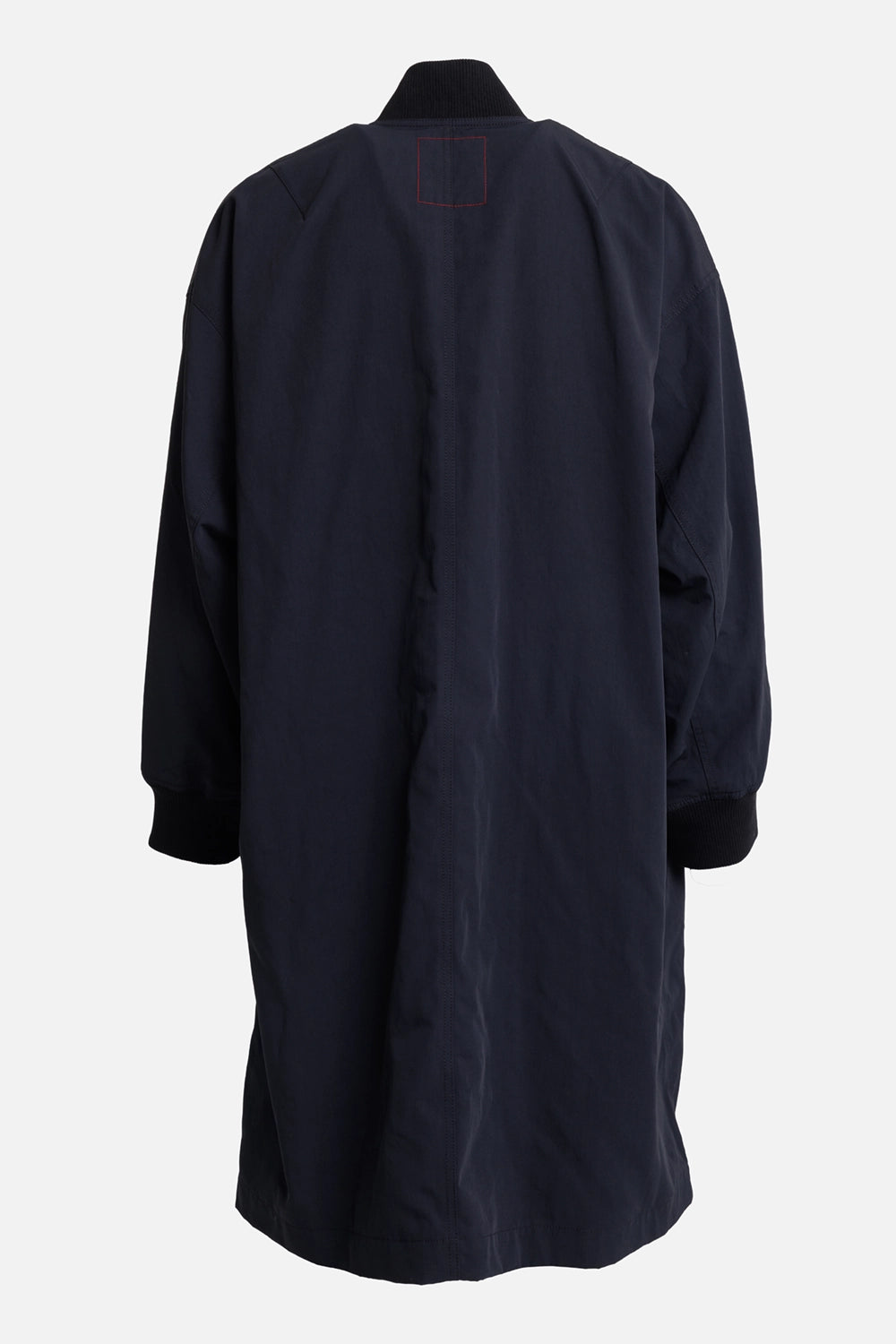 Uma Wang men's navy Cane coat, back view with ribbed collar, center seam and red square stitch detail