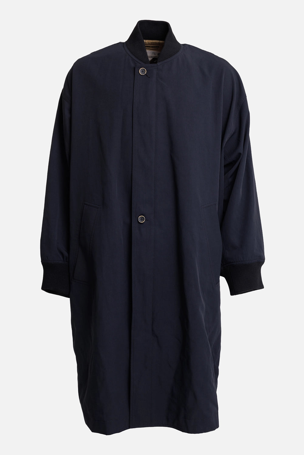 Uma Wang men's navy Cane coat, front view with ribbed bomber collar, concealed fastening and welt pockets