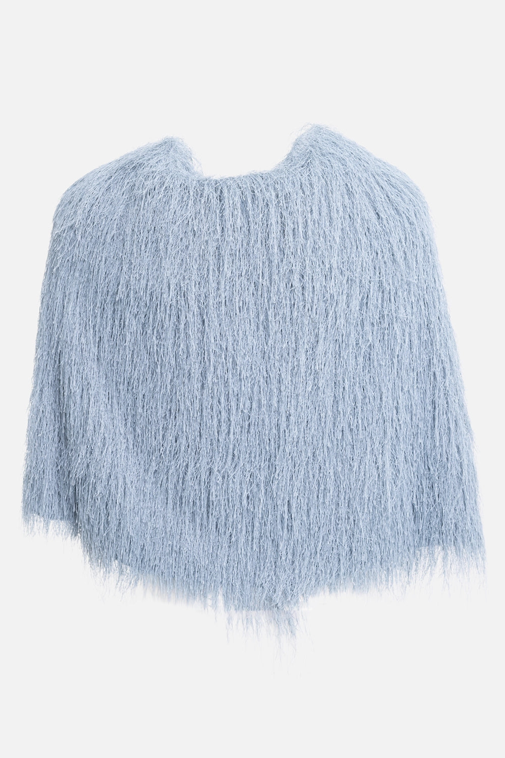 By Malene Birger women’s cape in Arona Blue, back view, full fringe coverage and rounded hemline