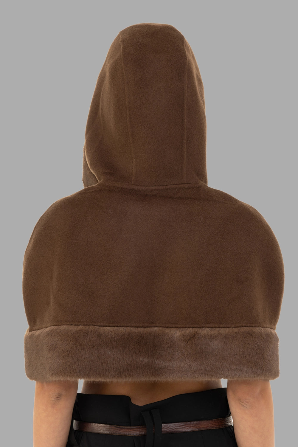 By Malene Birger women cape in Carafe, back view, hood up with smooth wool finish.