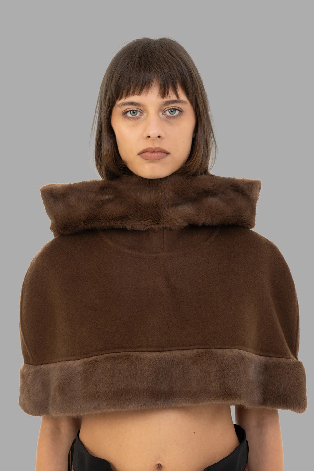 By Malene Birger women cape in Carafe, hood detail, standing collar effect with faux-fur trim.