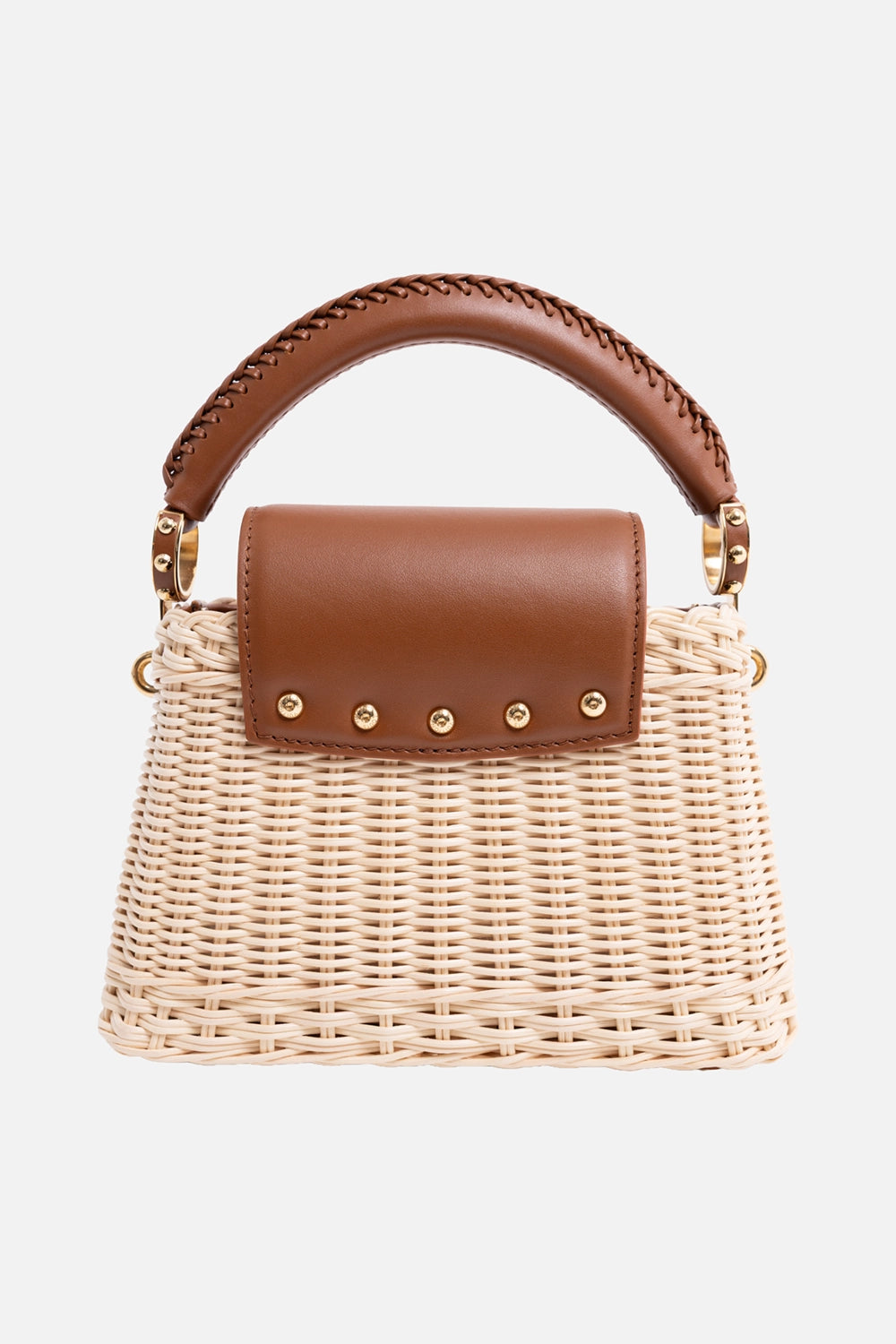 Pre-owned Louis Vuitton women's Capucines Mini bag in natural rattan, back view, brown leather flap with gold studs