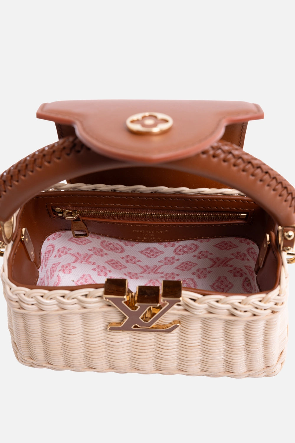 Pre-owned Louis Vuitton Capucines Mini bag in natural rattan, top view, gold zip pocket and pink Monogram lining