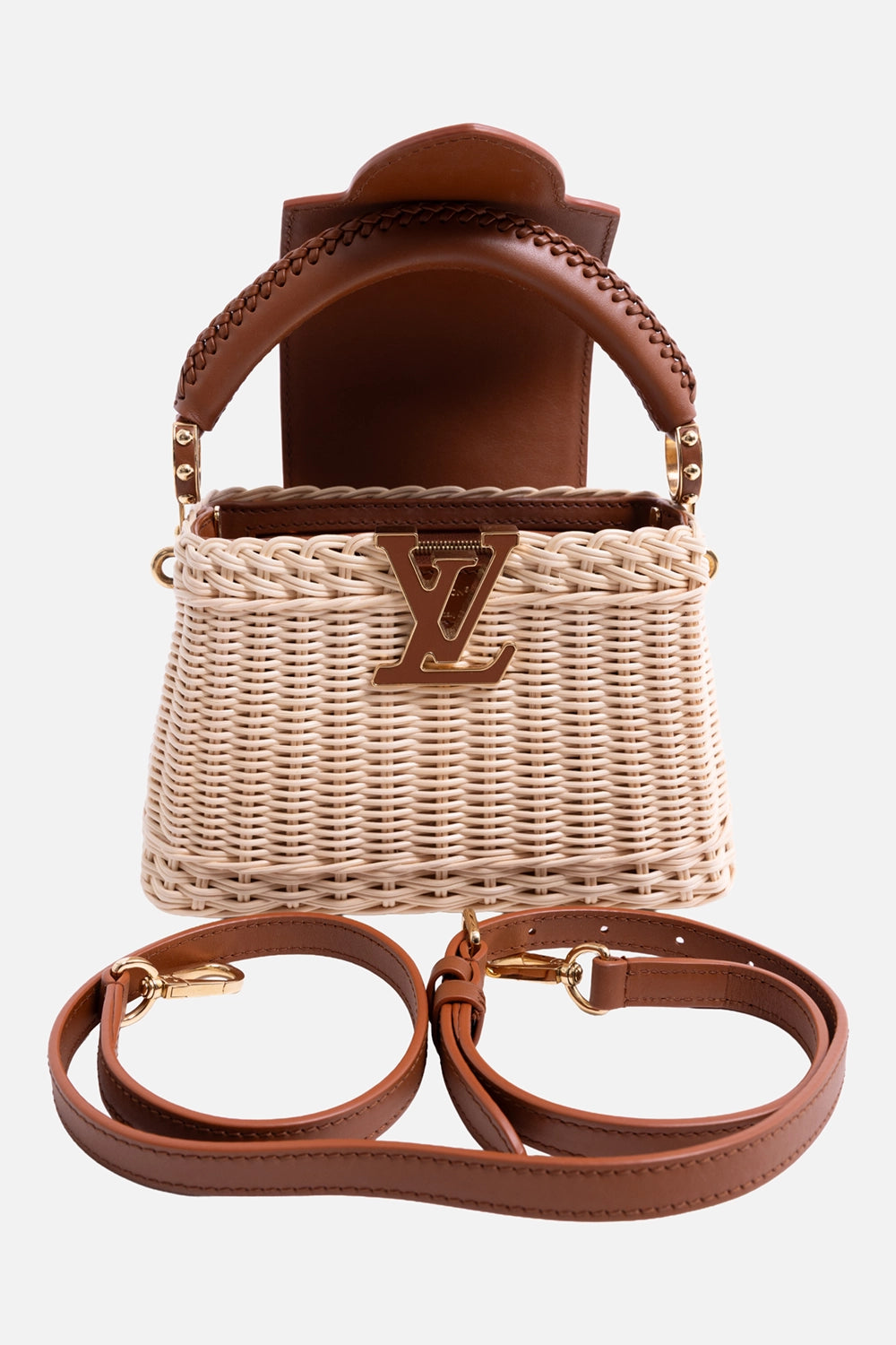 Pre-owned Louis Vuitton women's Capucines Mini bag in natural rattan, front view, removable leather strap displayed