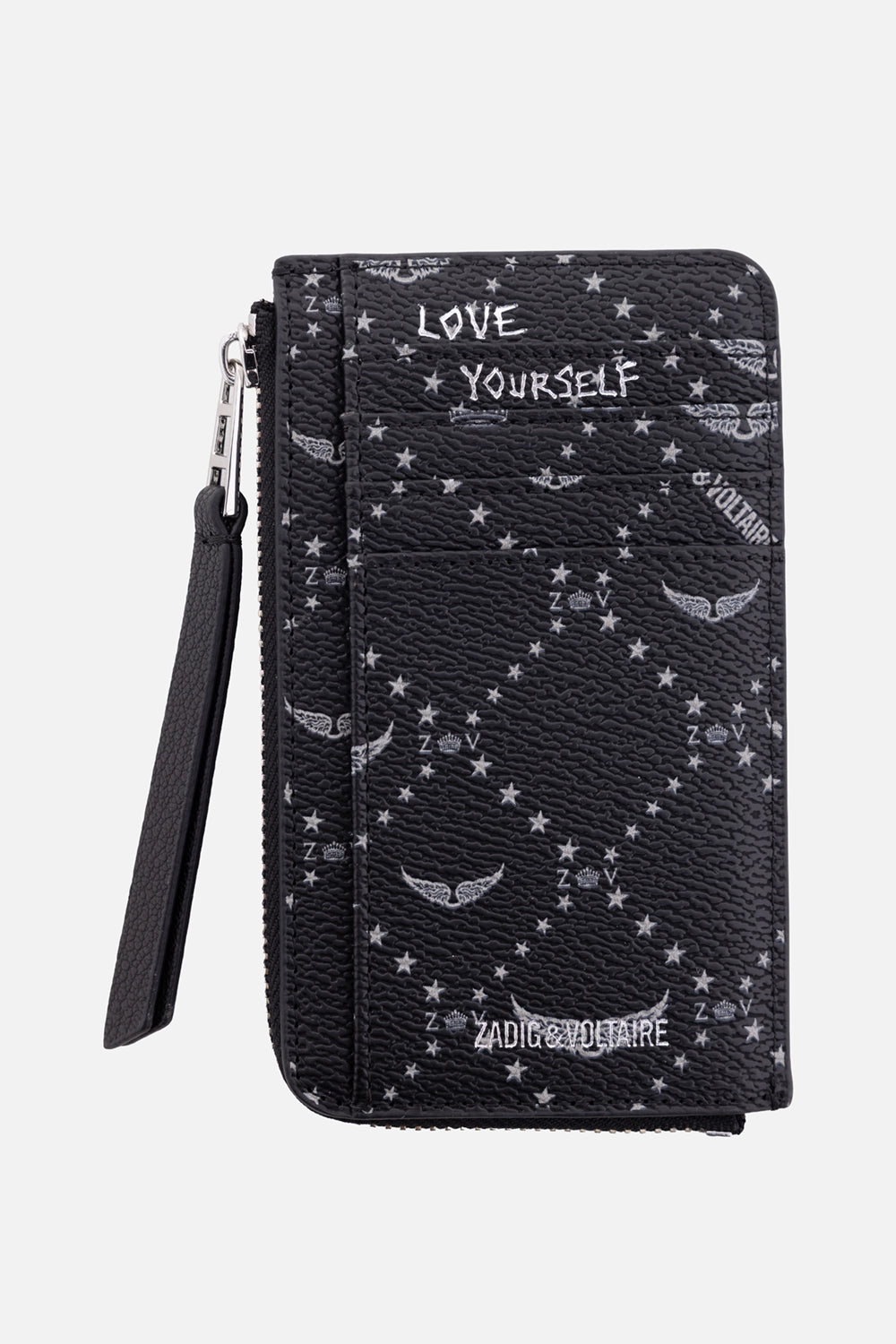 Zadig&Voltaire women's card holder in black, back view, card slots and Love Yourself print