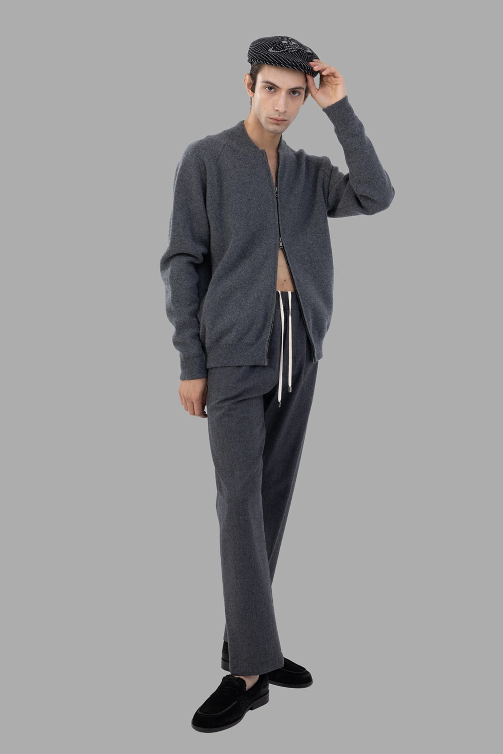 Aion cardigan in anthracite, on-model full length, relaxed fit with two-way zip partially open