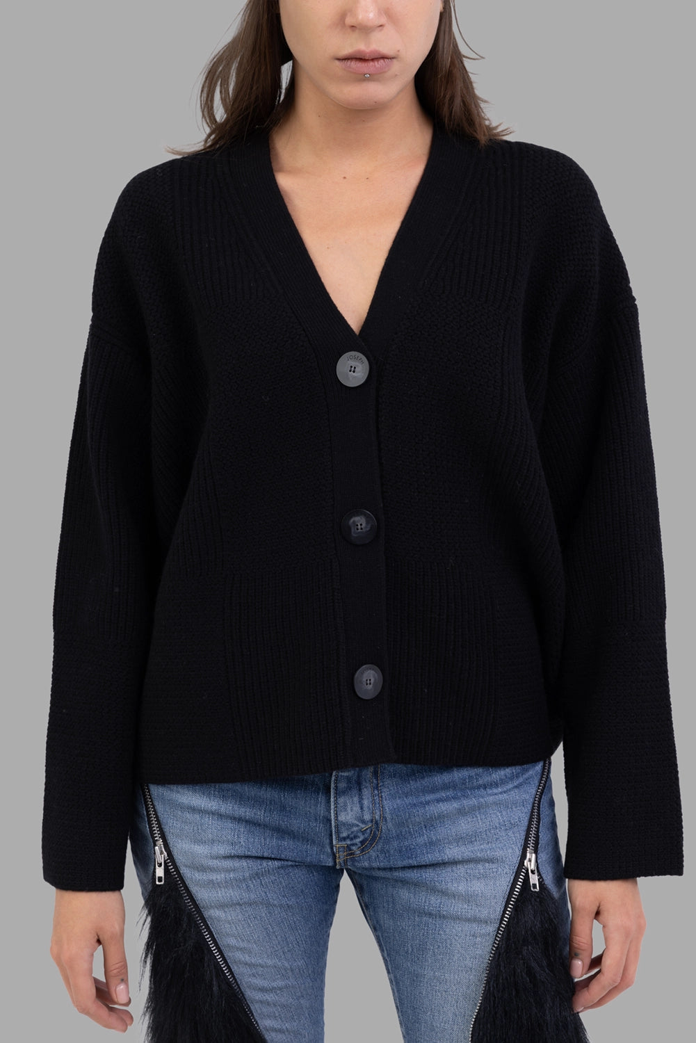 Joseph women cardigan in black, front view, 4 tonal buttons and ribbed panels