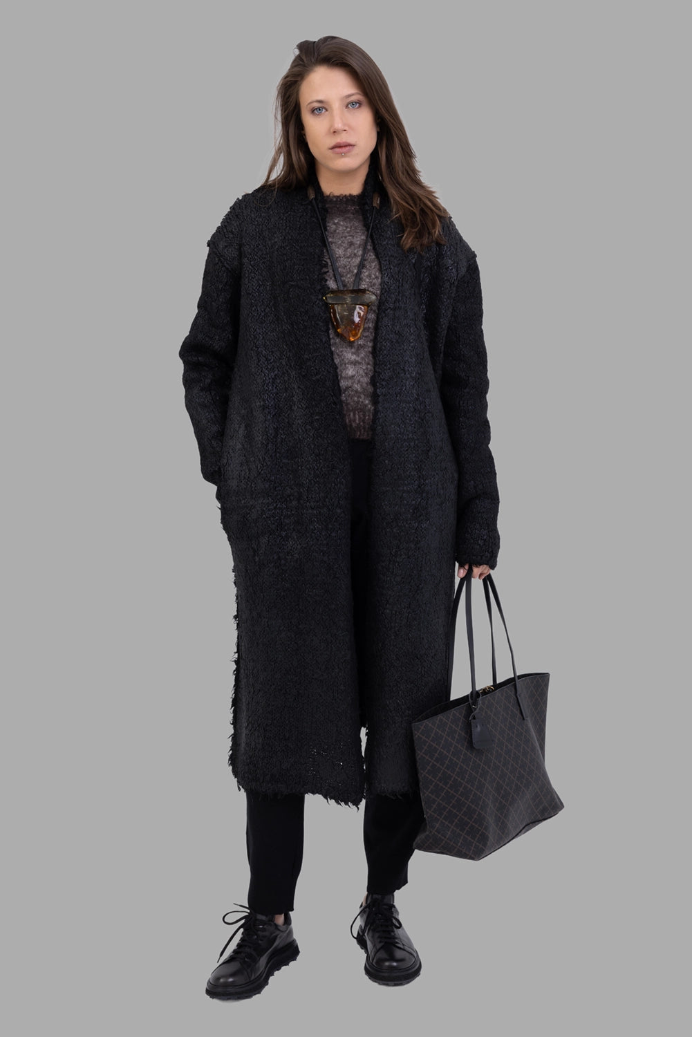 Masnada women knit cardigan in black, on-model full length, open front with raw edges and bouclé texture