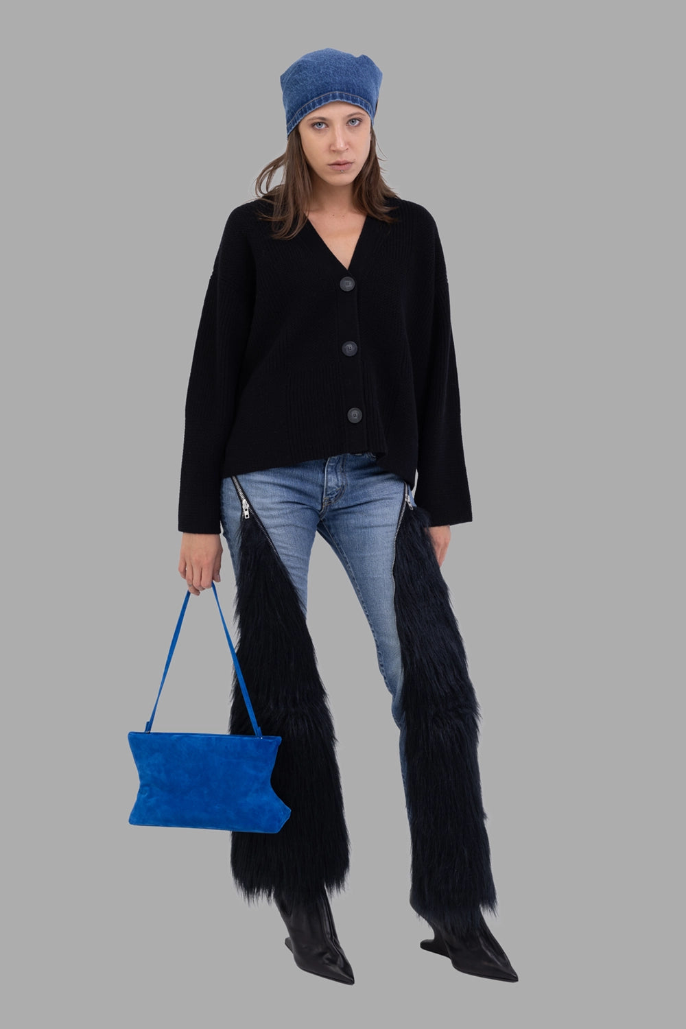 Joseph women cardigan in black, on-model full length, boxy V-neck and wide sleeves