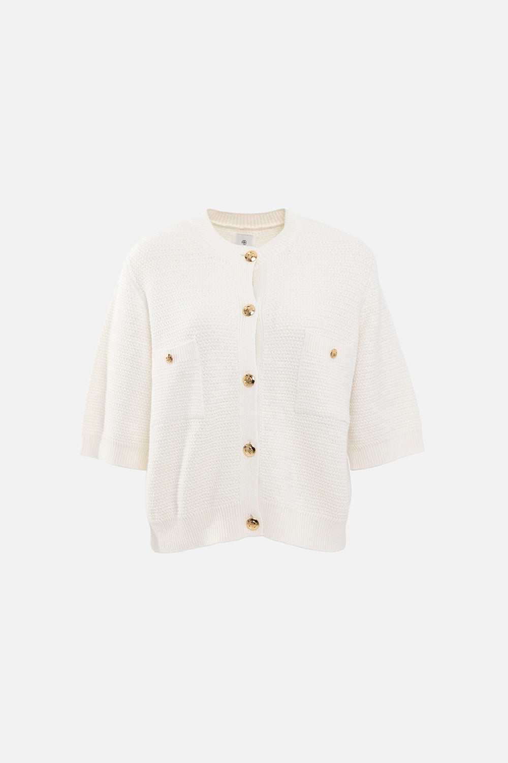 Anine Bing women's cardigan in ivory, front view, textured knit with gold buttons and patch chest pockets