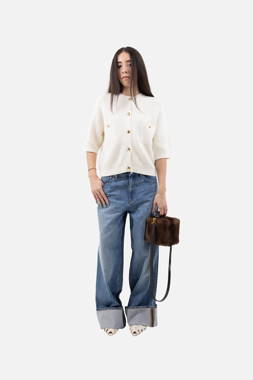 Anine Bing women's cardigan in ivory, on-model full-length, gold button front styled with light-wash wide-leg jeans