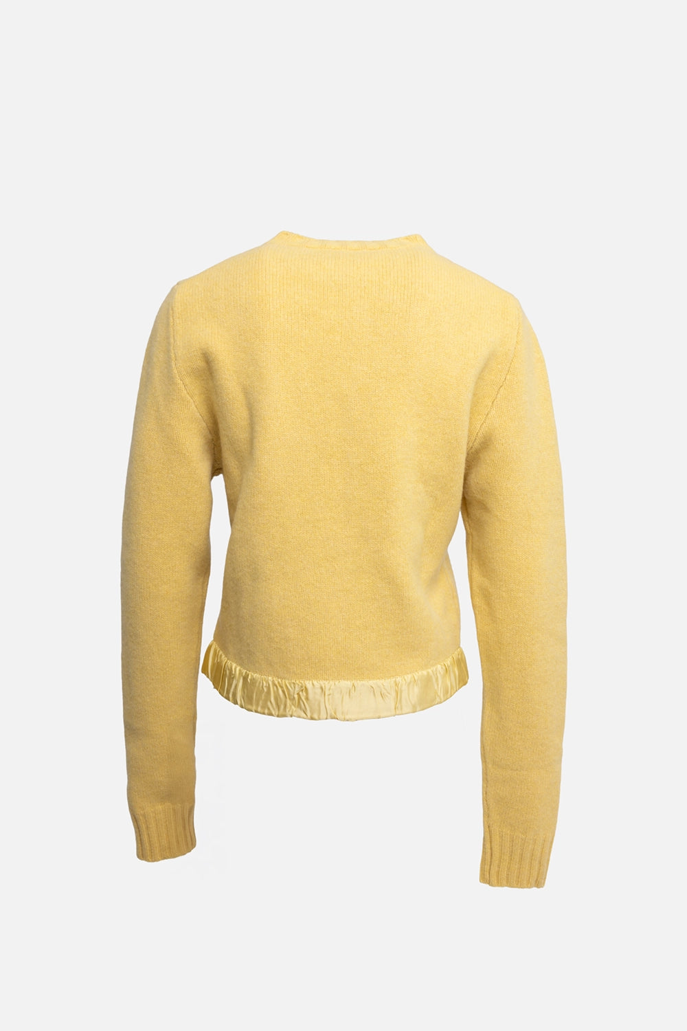 Pre-owned Molly Goddard women's cardigan in mustard yellow, back view, smooth knit body and satin-trim hem ruffle