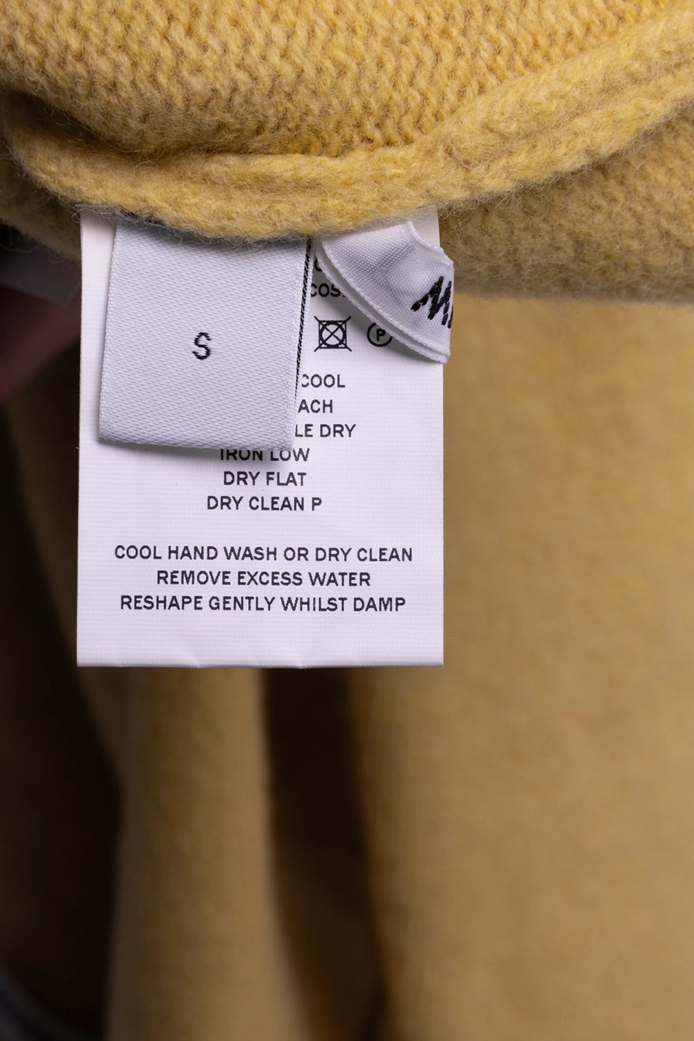 Pre-owned Molly Goddard women's cardigan in mustard yellow, care tag view, size S label and care instructions