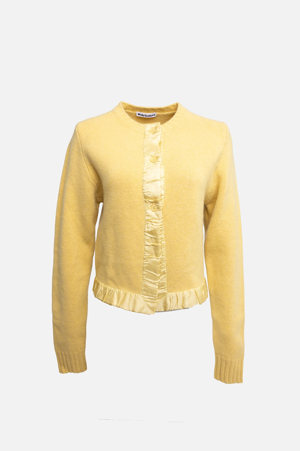 Pre-owned Molly Goddard women's cardigan in mustard yellow, front view, satin ruffle button placket and cropped hem
