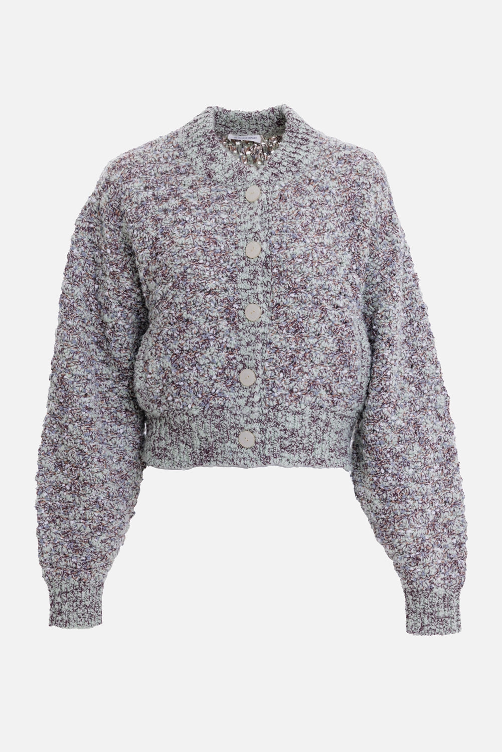 By Malene Birger women's cardigan in Seacrest, front view with textured bouclé knit, round neckline and button closure
