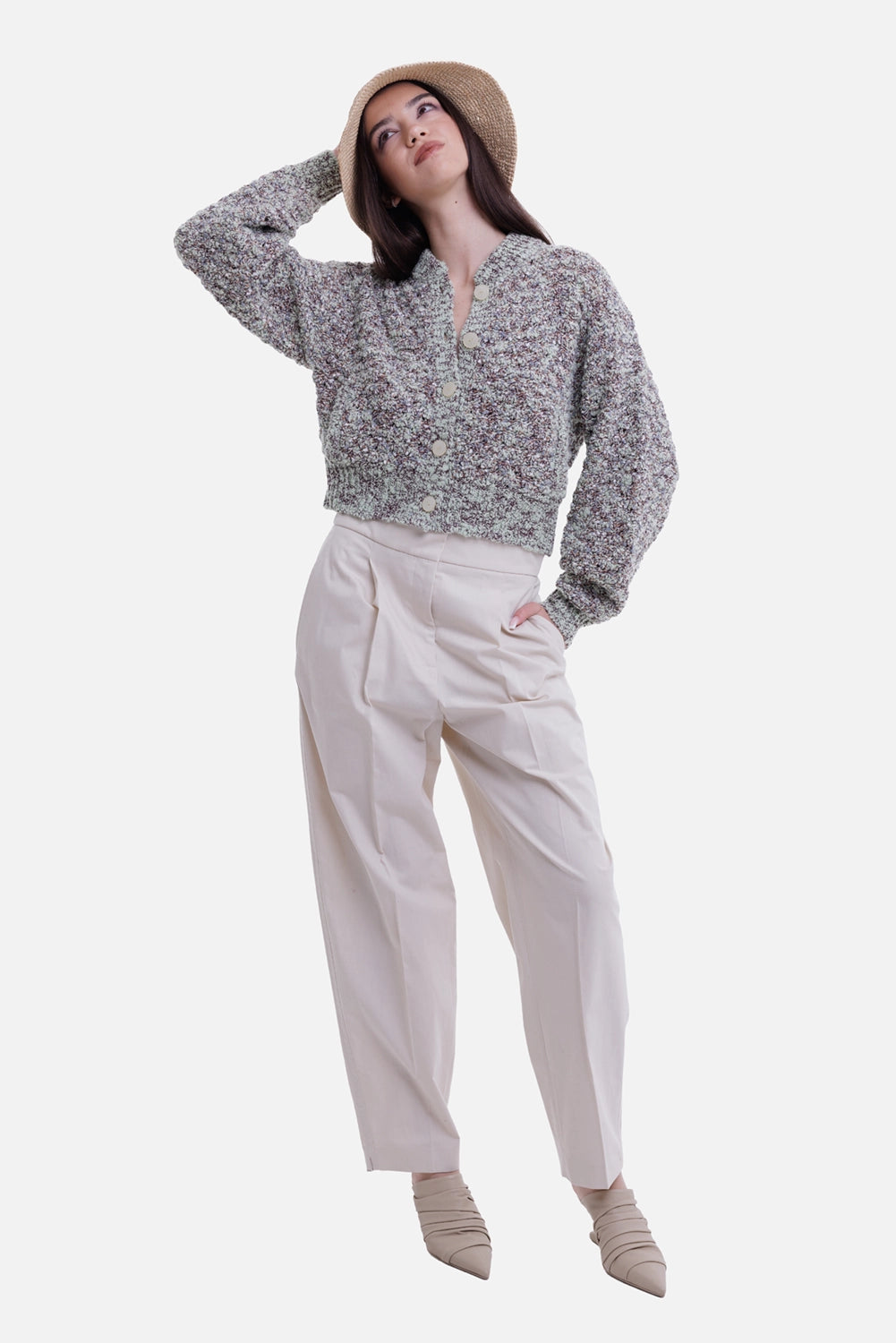 By Malene Birger women's cardigan in Seacrest, on-model full-length view with cropped bouclé knit and tonal buttons