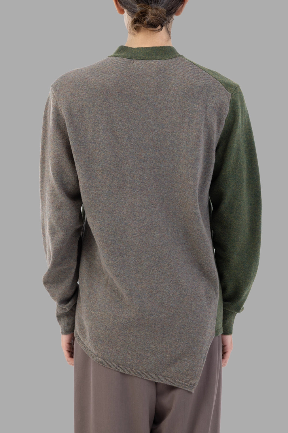 Comme des Garçons cardigan two-tone, front view, off-centre placket and V-neck design