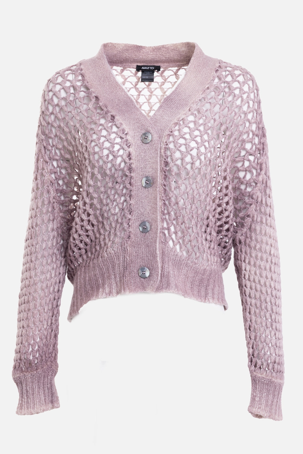 Avant Toi women's cardigan in wisteria, front view, V-neck ribbed placket and cropped hem