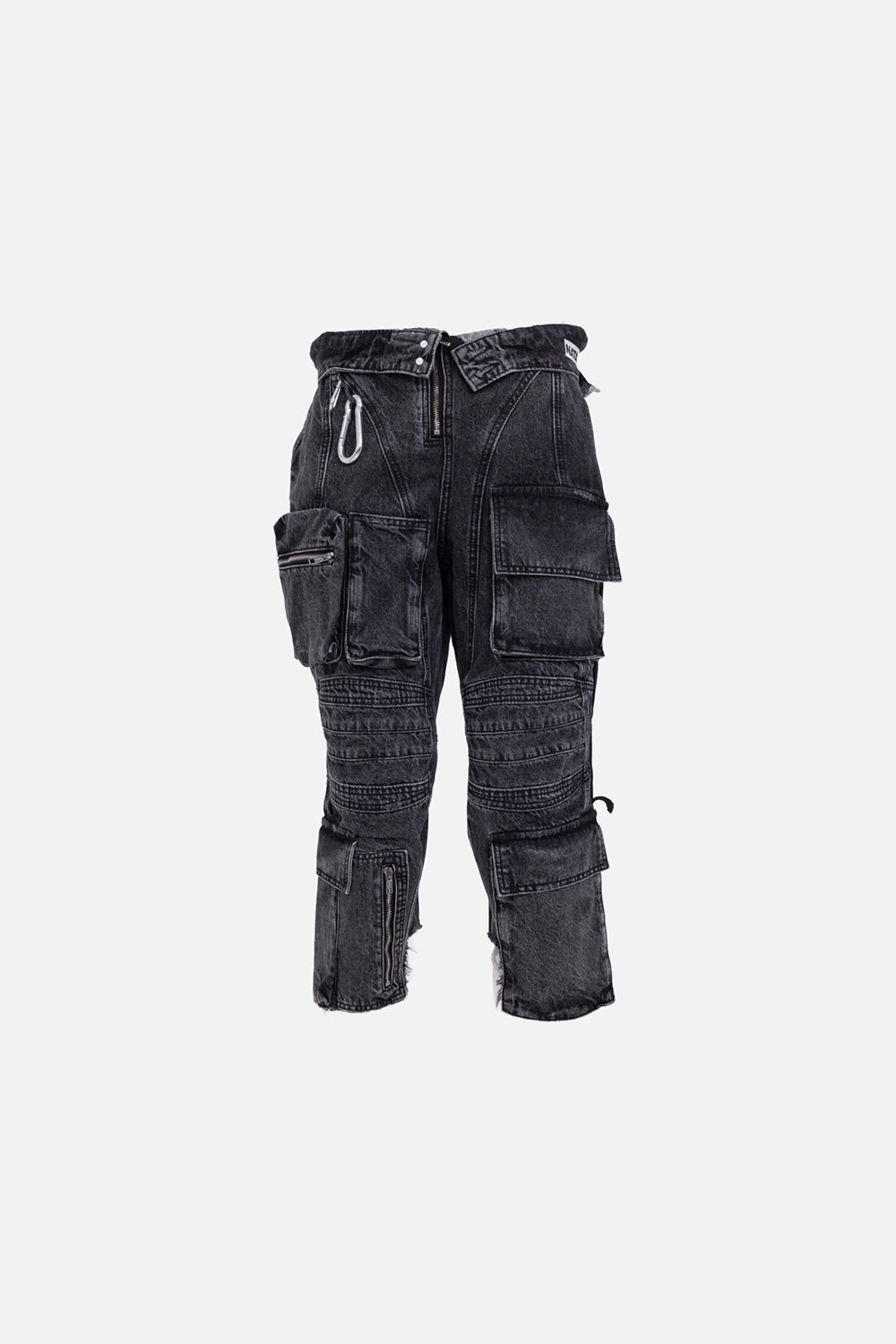 Natasha Zinko women’s cargo jeans in black, back view, ribbed waistband panel and cut-out calf openings.