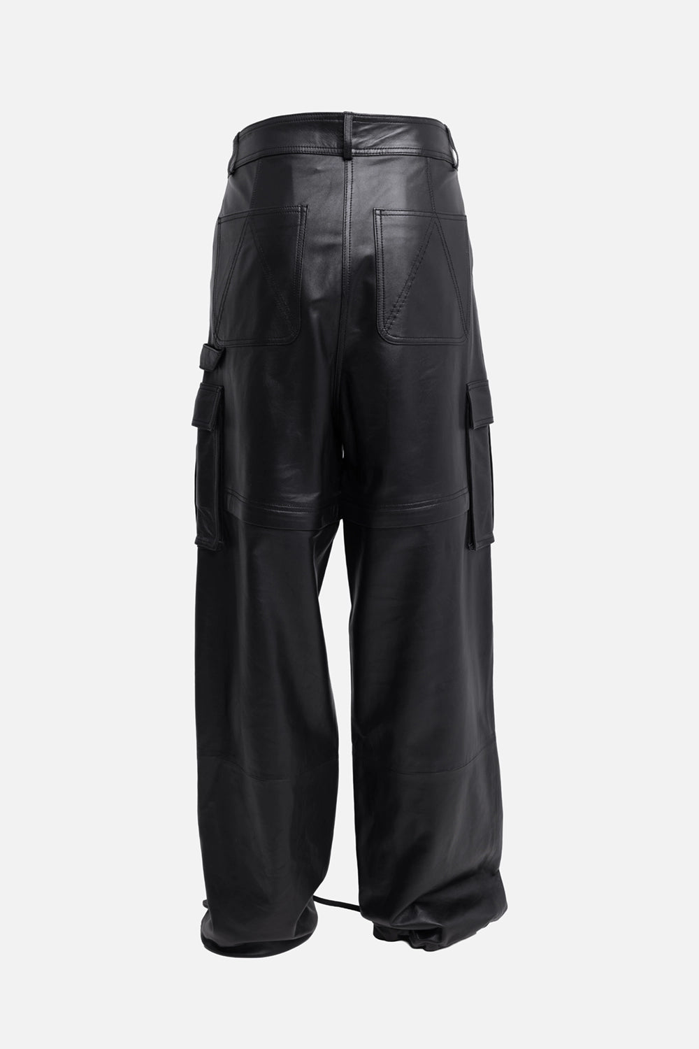Pre-owned Andreadamo women's leather cargo pants in black, back view, rear patch pockets with drawstring hems.