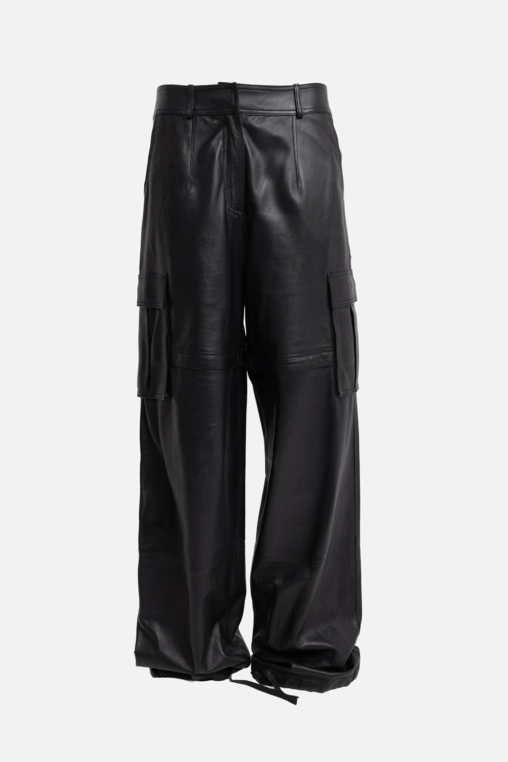 Pre-owned Andreadamo women's leather cargo pants in black, front view, wide-leg cut with thigh flap pockets.