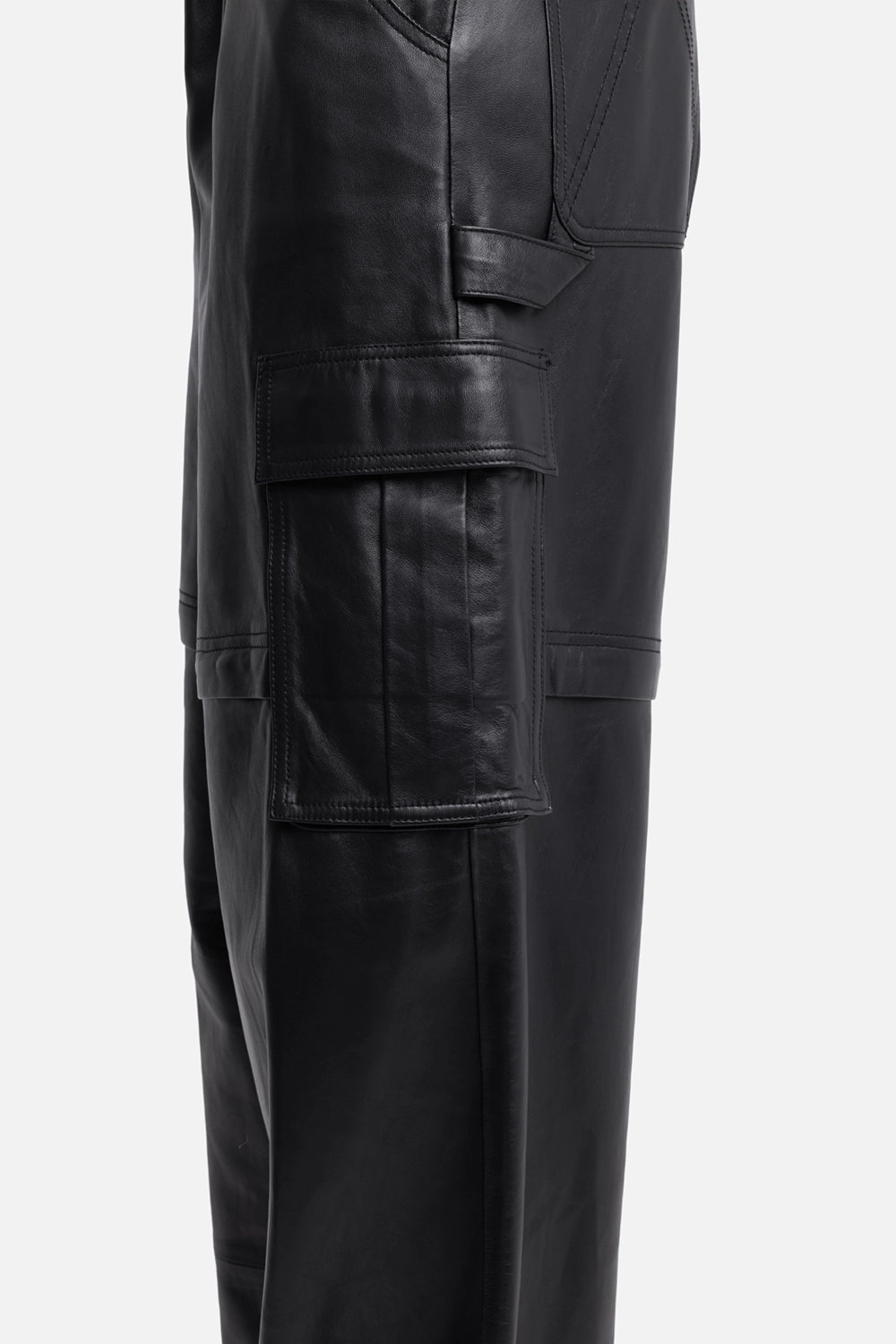 Pre-owned Andreadamo women's leather cargo pants in black, side detail view, flap cargo pocket with tonal topstitching.