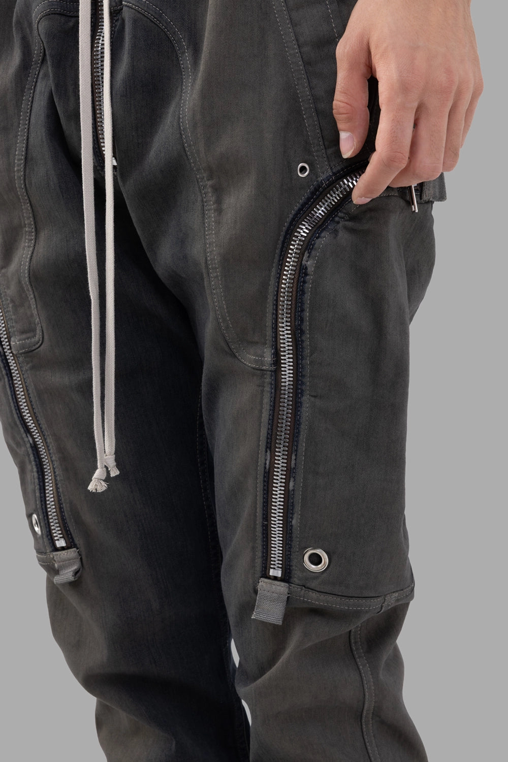 Rick Owens cargo pants in Darkdust Degrade, zipper detail, silver zips and grommeted tabs on cargo panels