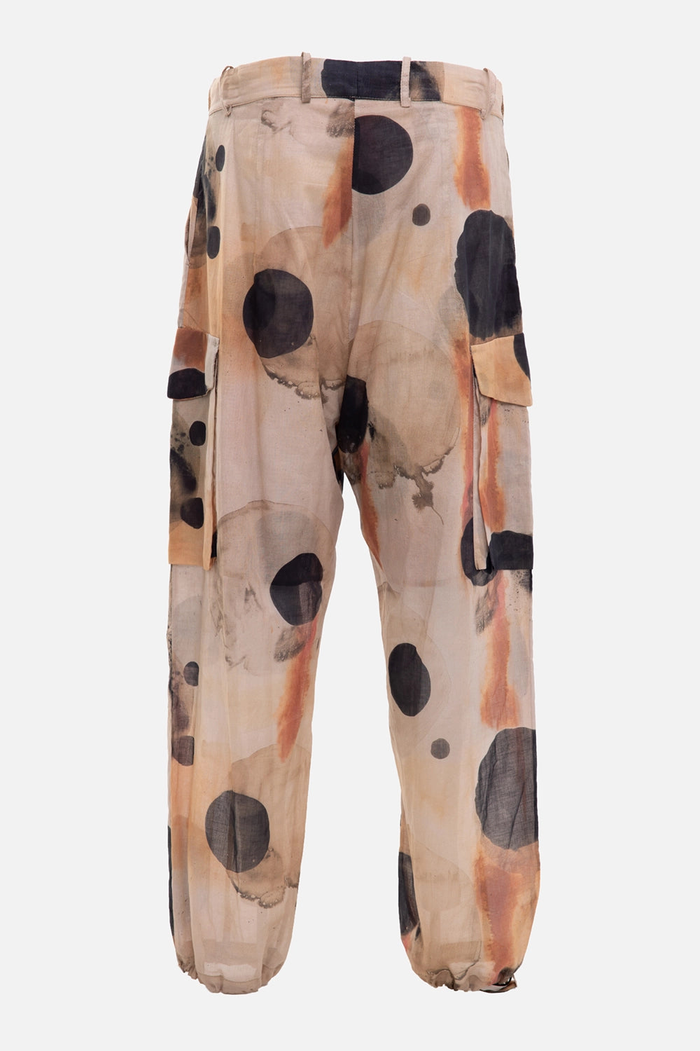 Masnada women's cargo pants in natural/rusty dots, back view, sheer abstract print and ankle ties